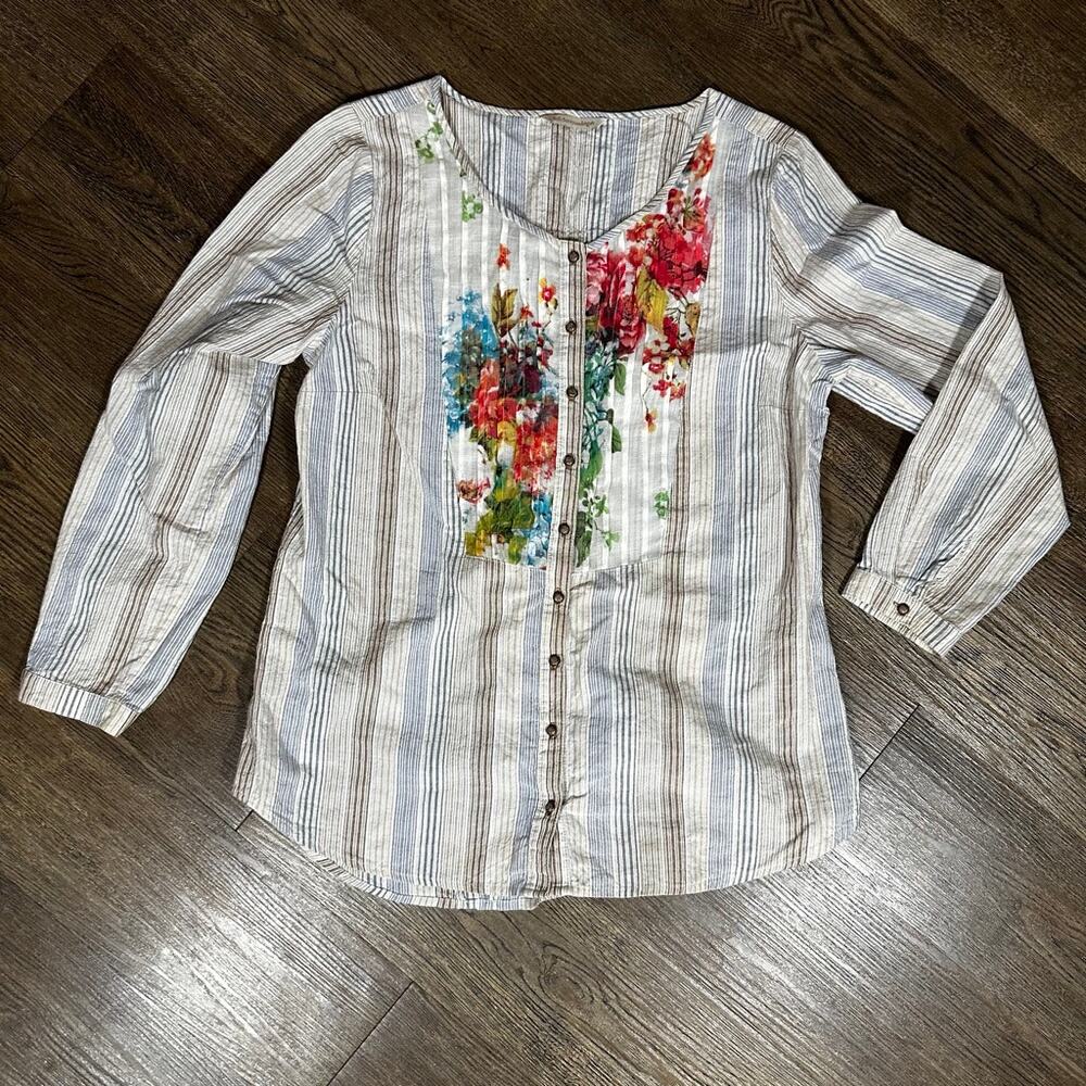 SOFT SURROUNDINGS Striped Floral Tunic Blouse sz L Boho